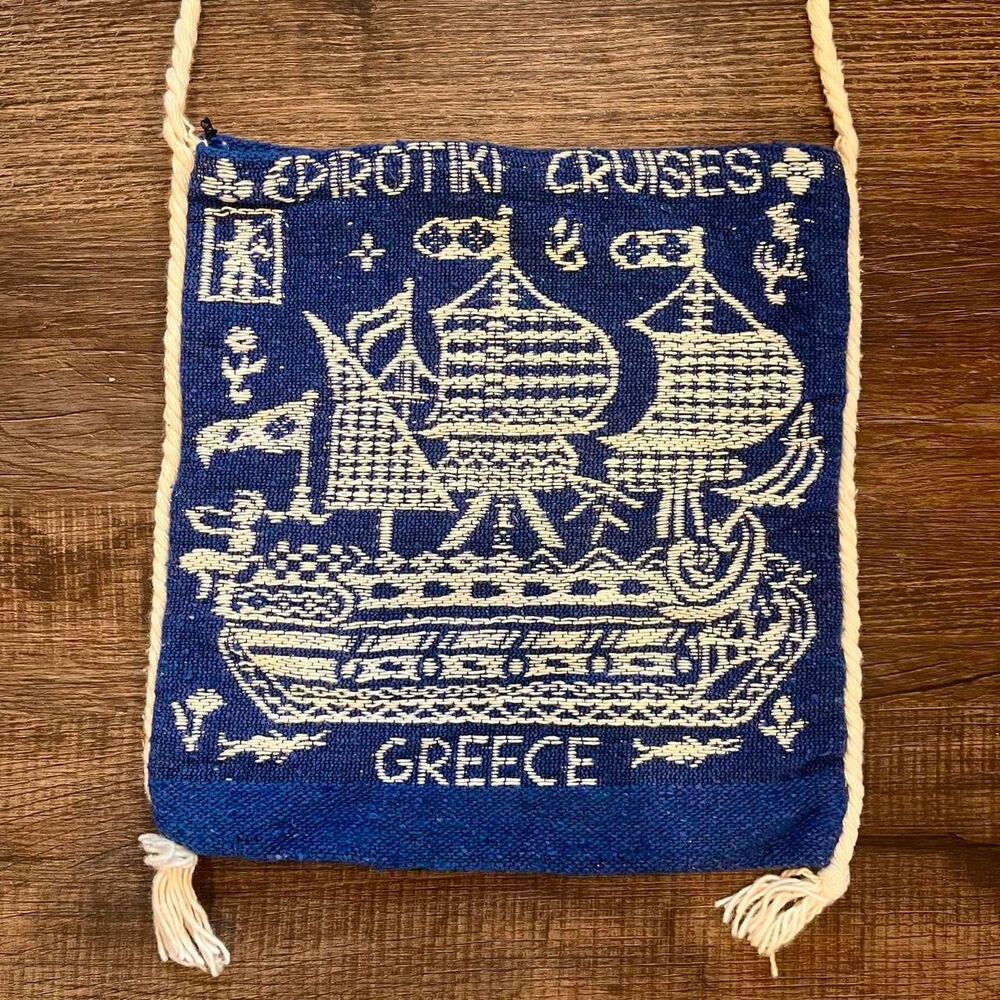 Vintage Blue and White Woven Stitched Greek Greece European hand bag